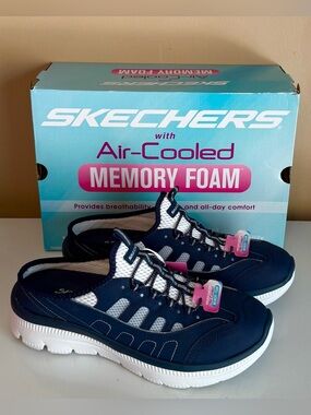WOMEN'S SKECHERS SIZE 9.5 NAVY SUMMITS PLUS COSMIC SPARKLE AIR-COOLED SLIP ONS